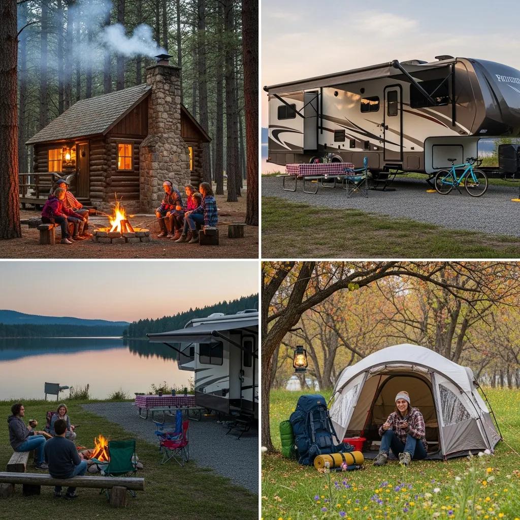 Camping options at Woodside Lake Park: cabins, RV sites, and tent areas