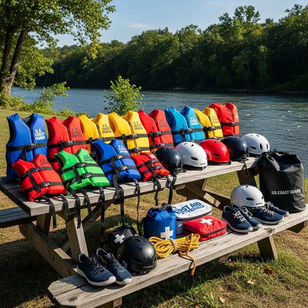 Selection of U.S. Coast Guard approved life jackets and safety gear for tubing