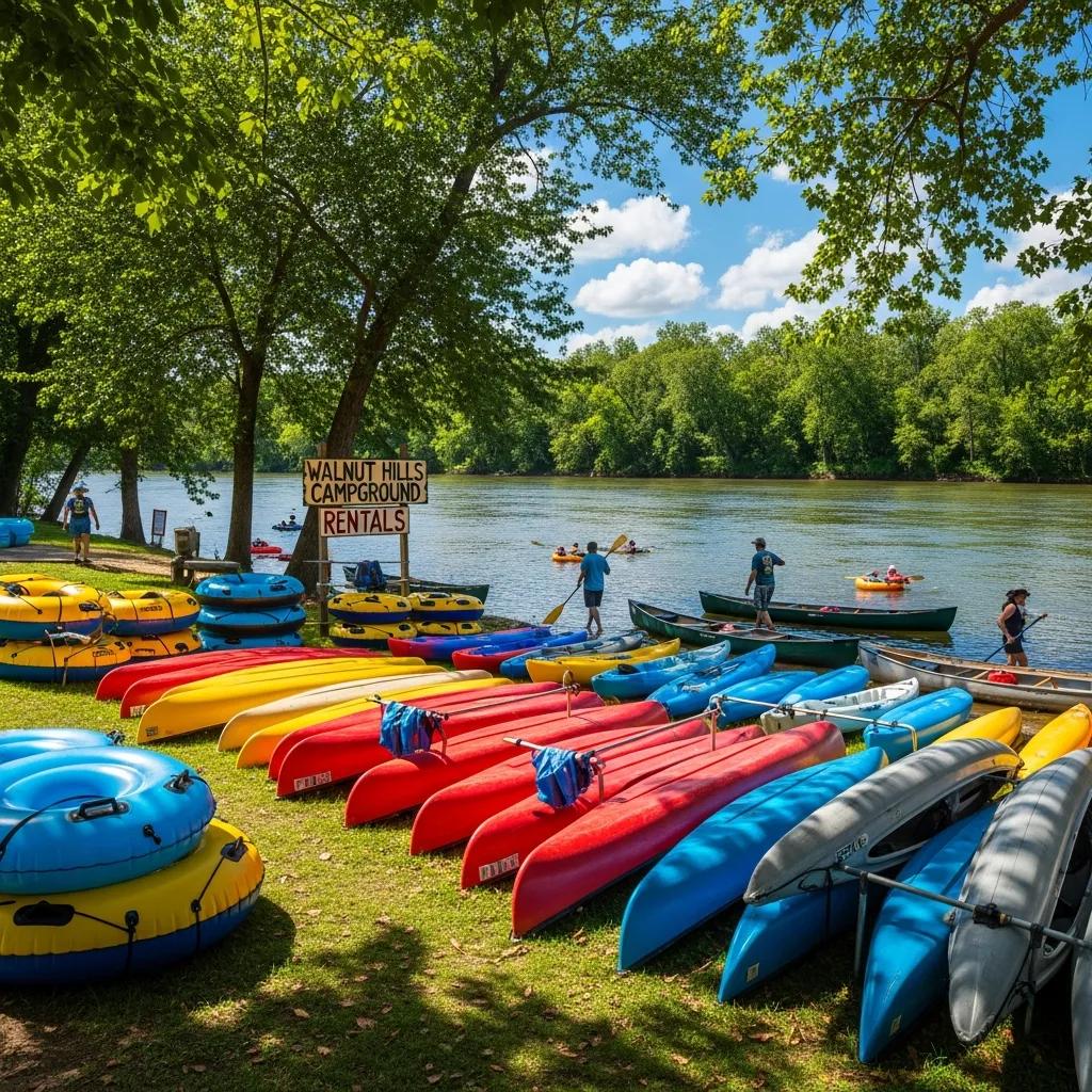 Rental area at Walnut Hills with tubes and canoes ready by the river