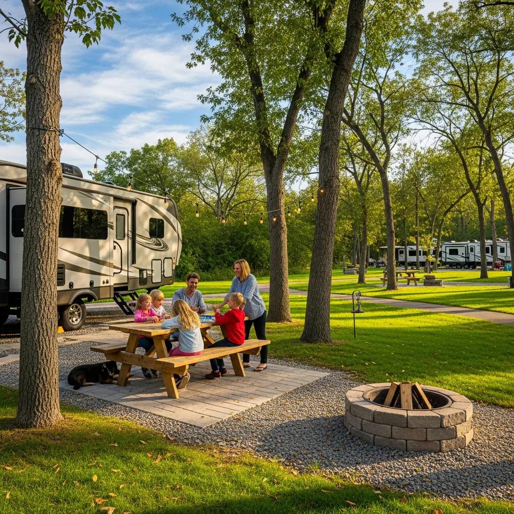 Well-maintained RV site with picnic table and fire pit